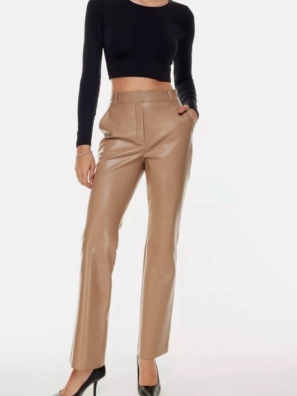 Babaton Camel Vegan Leather Straight-Leg Pants